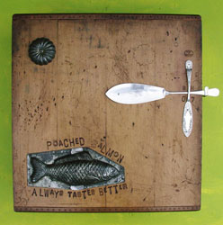 unusual handmade cupboard made from chopping boards & kitchenalia