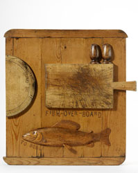 unusual handmade cupboard made from chopping boards & kitchenalia