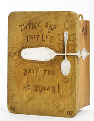 unusual handmade cupboard made from chopping boards & kitchenalia